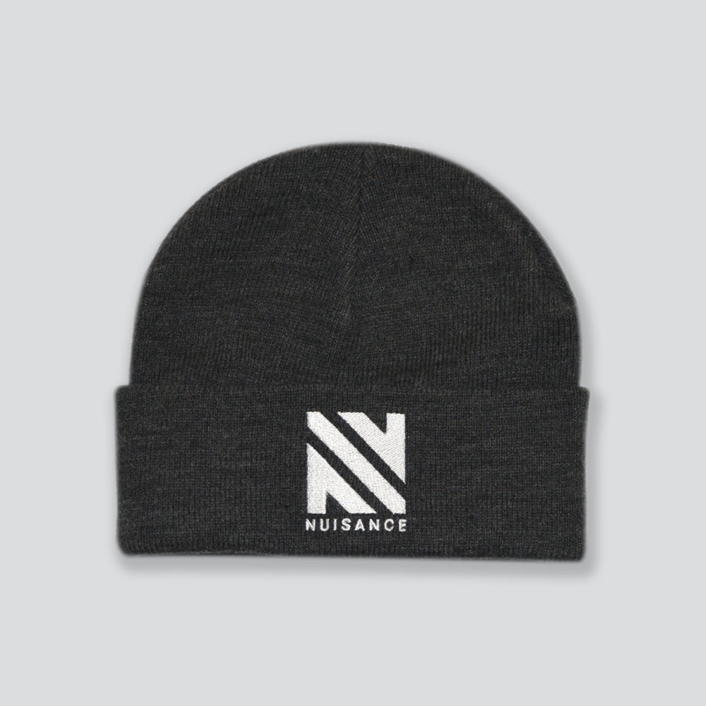 Nova beanie in charcoal with embroidered logo front