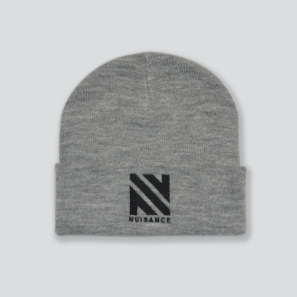 Nova beanie in grey marle with embroidered logo front